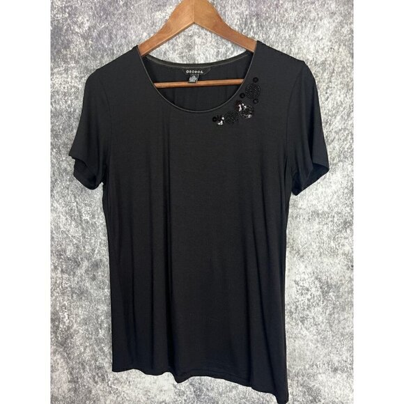 George Black Circles Beaded Short Sleeve Top Knit Stretch women's Medium 8-10 - Picture 9 of 12